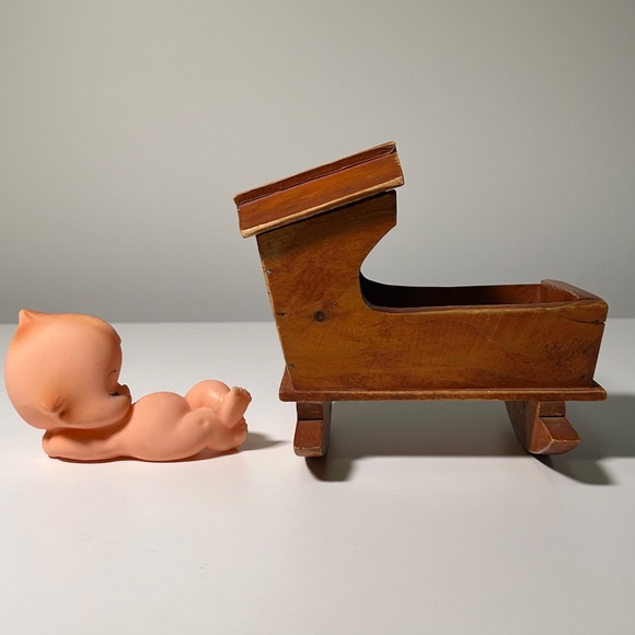 Vintage Reclining Kewpie Doll with Vintage Handmade Wood Rocking Crib - Picture 5 of 7